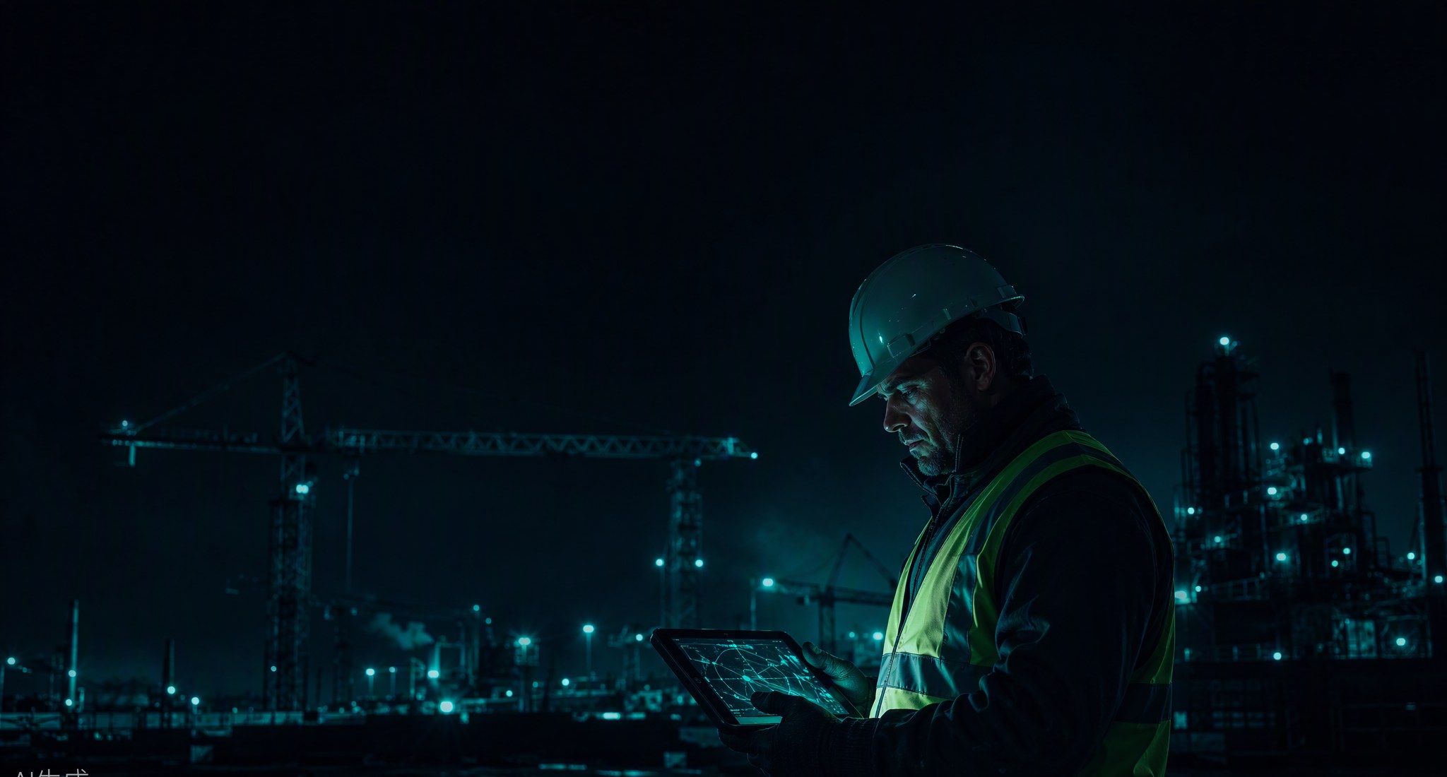 Field inspector with a glowing tablet on a night site